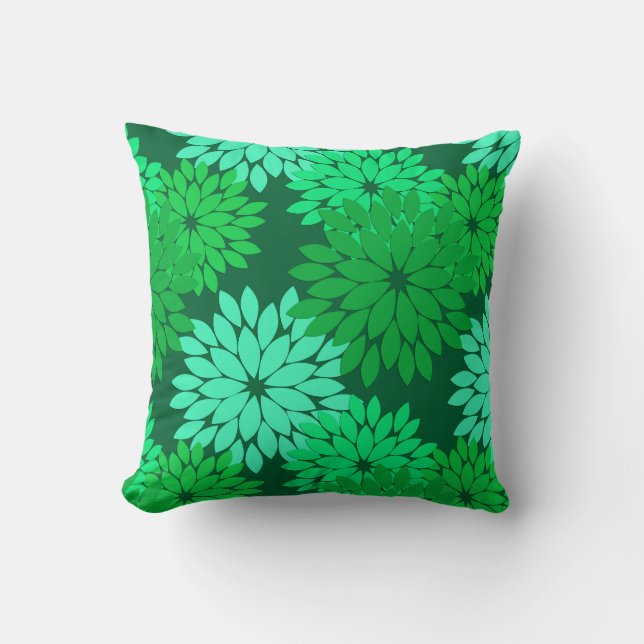 Modern Floral Kimono Print, Emerald and Jade Green Throw Pillow (Front)