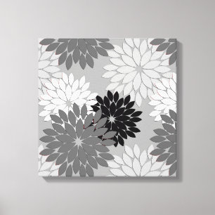 Modern Floral Kimono Print, Gray, Black and White Canvas Print