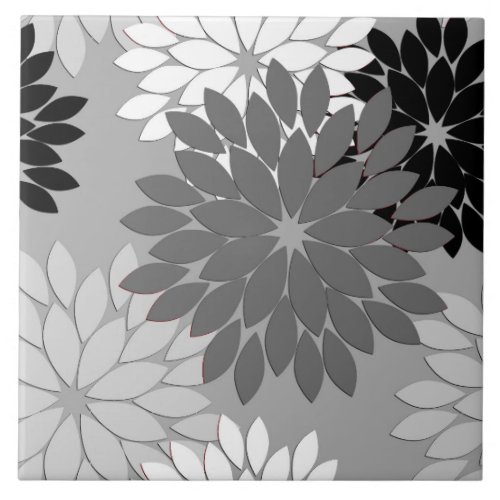 Modern Floral Kimono Print Gray Black and White Ceramic Tile