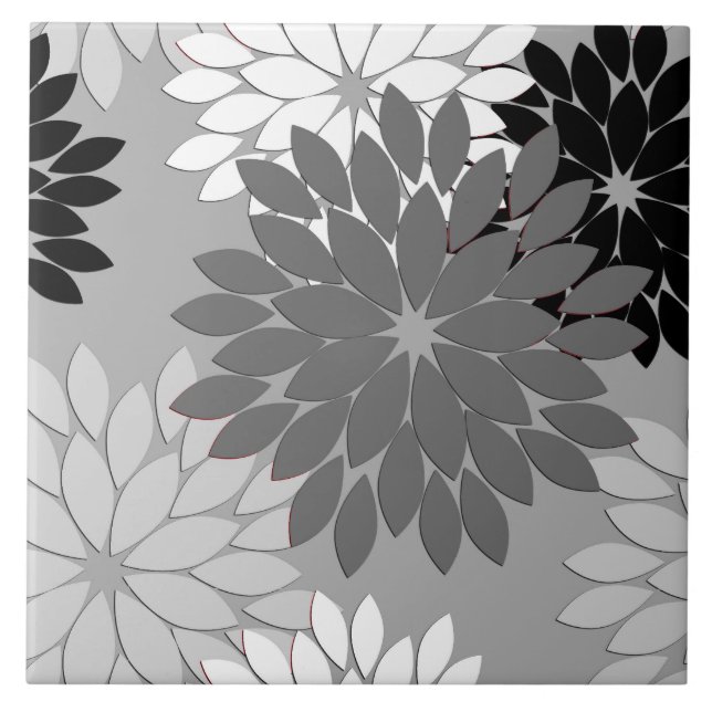 Modern Floral Kimono Print, Gray, Black and White Ceramic Tile (Front)