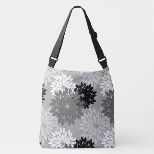 Modern Floral Kimono Print Gray Black and White Crossbody Bag