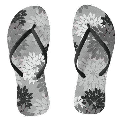 Modern Floral Kimono Print Gray Black and White Flip Flops