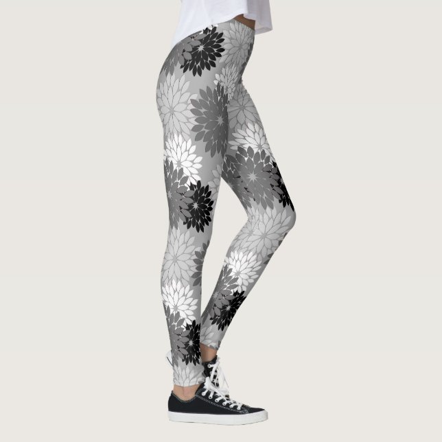 Modern Floral Kimono Print, Gray, Black and White Leggings (Right)