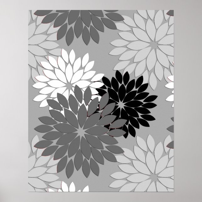 Modern Floral Kimono Print, Gray, Black and White Poster (Front)