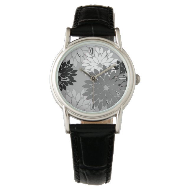 Modern Floral Kimono Print, Gray, Black and White Watch (Front)