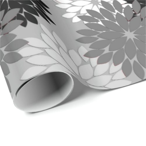Modern Floral Kimono Print Gray Black and White Wrapping Paper