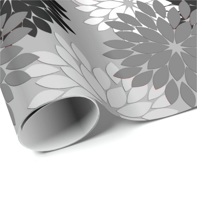 Modern Floral Kimono Print, Gray, Black and White Wrapping Paper (Roll Corner)