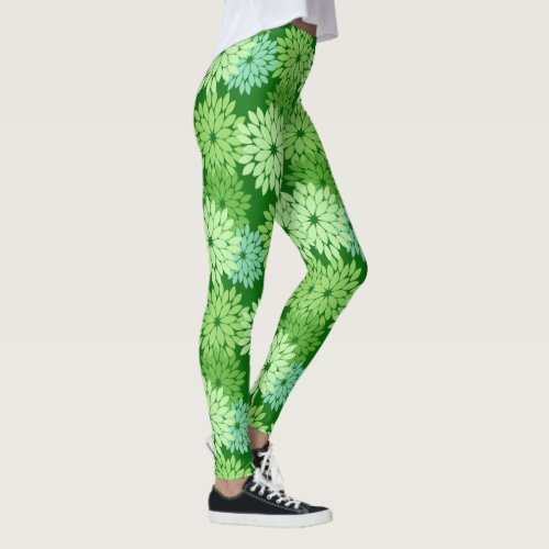 Modern Floral Kimono Print Lime Green Leggings