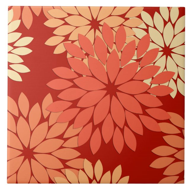 Modern Floral Kimono Print, Mandarin Orange Ceramic Tile (Front)