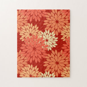 Modern Floral Kimono Print, Mandarin Orange Jigsaw Puzzle