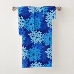 Modern Floral Kimono Print, Pastel Blue and Indigo Bath Towel Set