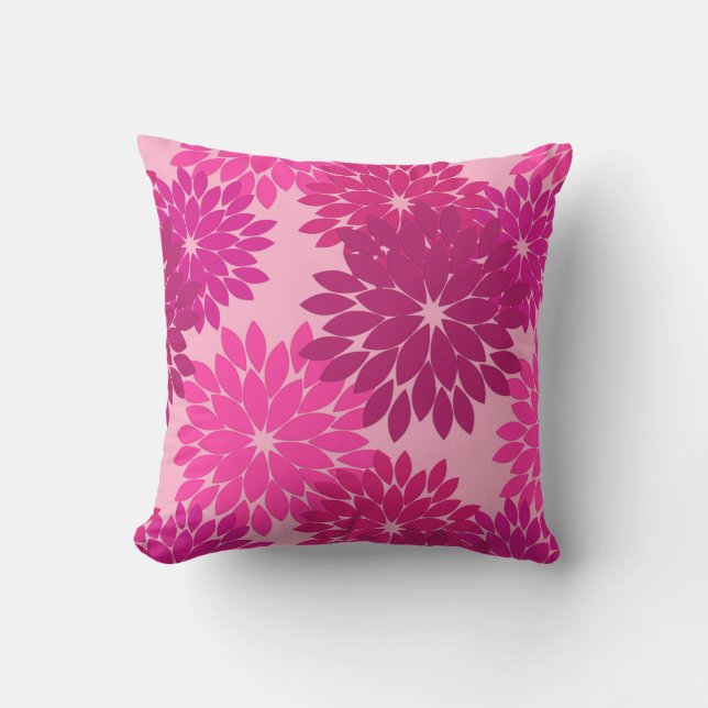 Modern Floral Kimono Print, Pink, Fuchsia and Wine Outdoor Pillow (Front)
