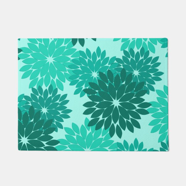 Modern Floral Kimono Print, Turquoise, Teal & Aqua Doormat (Front)