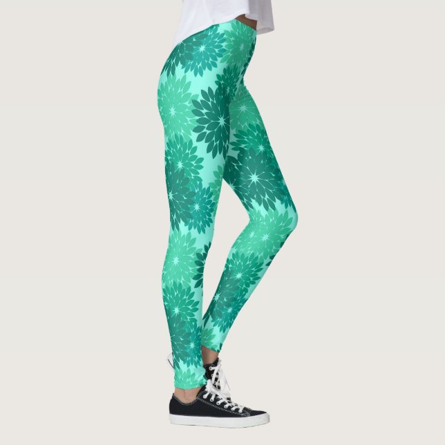 Modern Floral Kimono Print, Turquoise, Teal & Aqua Leggings (Right)