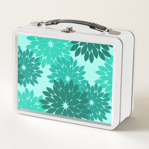 Modern Floral Kimono Print Turquoise Teal  Aqua Metal Lunch Box