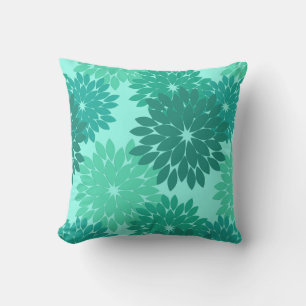Modern Floral Kimono Print, Turquoise, Teal & Aqua Outdoor Pillow