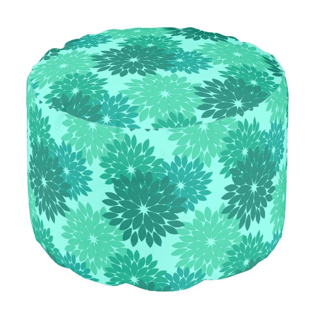 Modern Floral Kimono Print, Turquoise, Teal & Aqua Pouf (Angled Front)