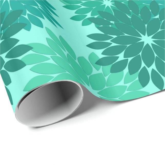 Modern Floral Kimono Print, Turquoise, Teal & Aqua Wrapping Paper (Roll Corner)