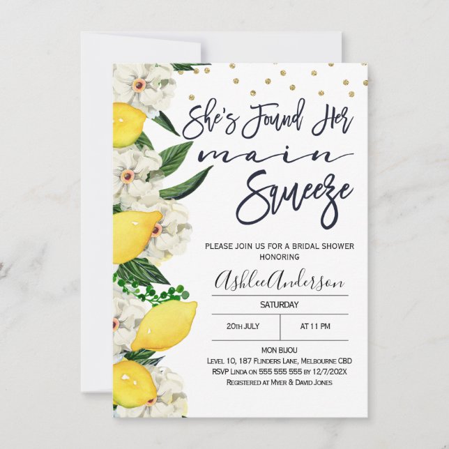 Modern Floral Lemon Main Squeeze Bridal Shower Invitation (Front)