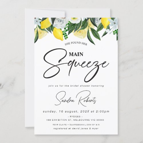 Modern Floral Lemon Main Squeeze Bridal Shower Invitation