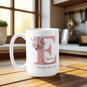 Modern Floral Letter E – Personalized with Names Coffee Mug