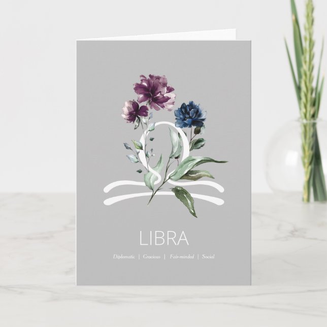 Modern Floral Libra Zodiac Star Sign Birthday Card (Front)