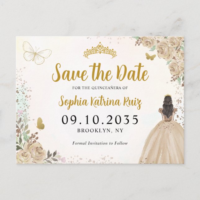 Modern Floral Light Gold Quinceanera Save the Date Postcard (Front)
