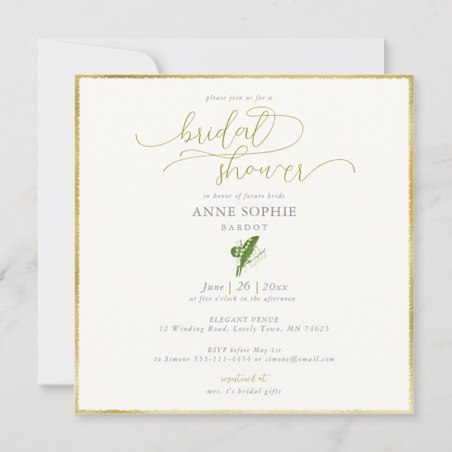 Modern Floral Lily Valley Gold Frame Bridal Shower Invitation (Front)