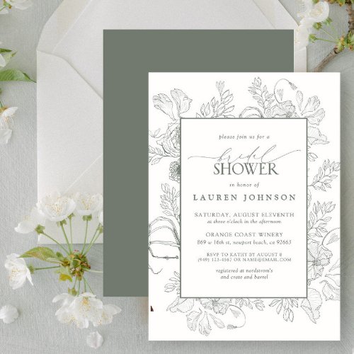 Modern Floral Line Art Sage Green Bridal Shower Invitation