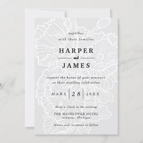Modern floral lineart poppies white grey wedding invitation