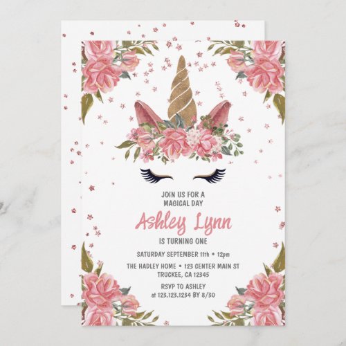 Modern Floral Magical Unicorn 1st Birthday Invitation