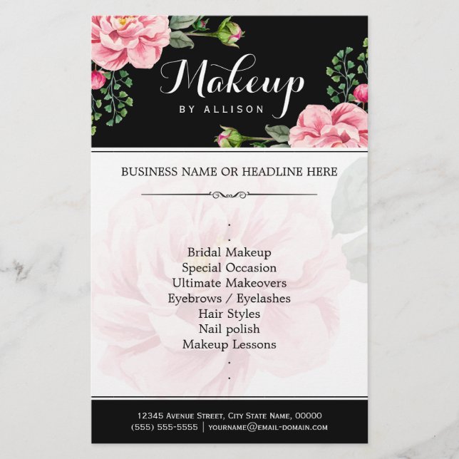Modern Floral Makeup Script Black White Flyer (Front)