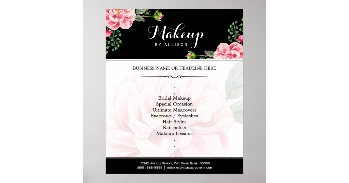 Marked Script Makeup Modern Floral Makeup Script Black White Poster | Zazzle