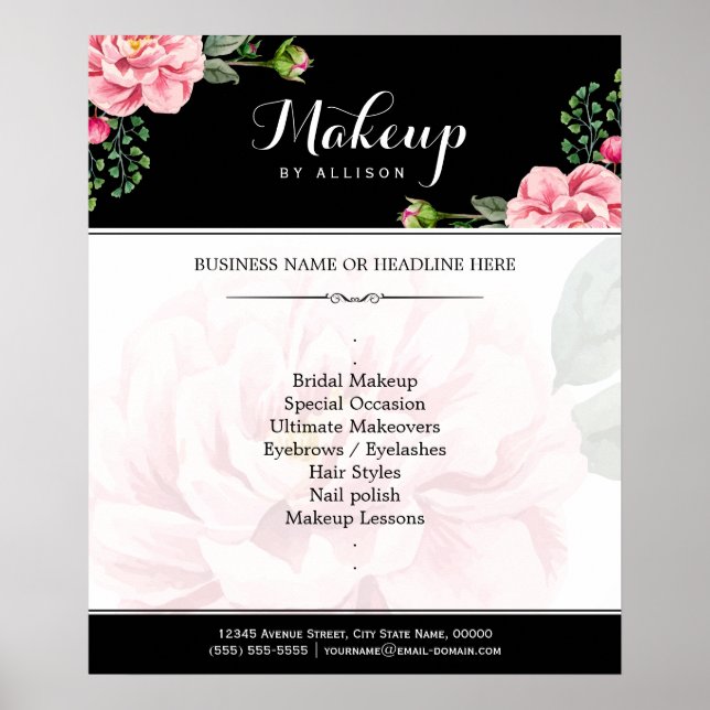 Modern Floral Makeup Script Black White Poster (Front)