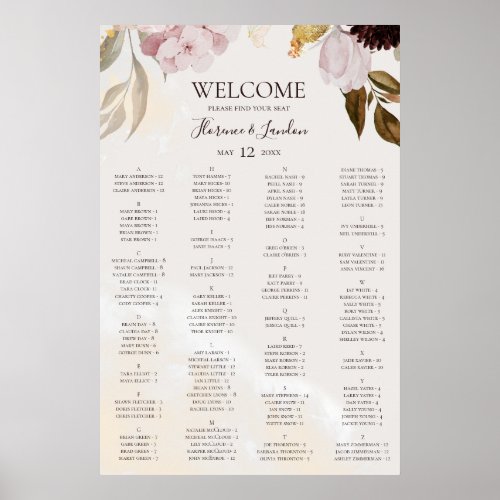 Modern Floral  Marble Alphabetical Seating Chart