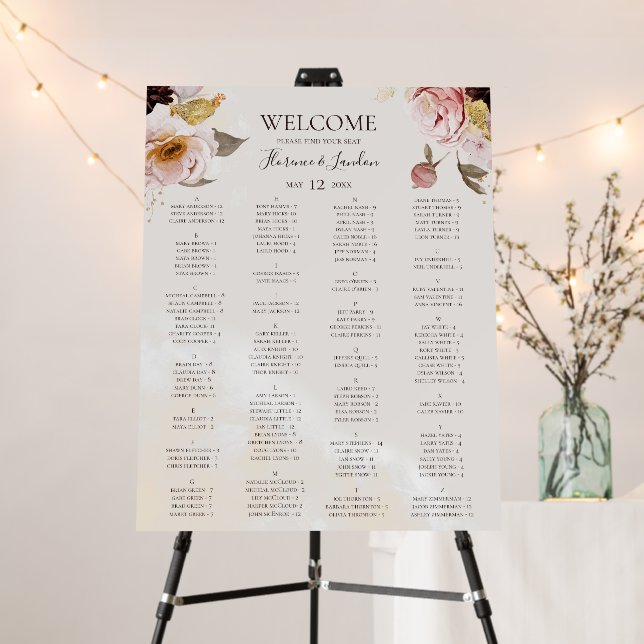 Modern Floral | Marble Alphabetical Seating Chart Foam Board (In Situ (Stand))