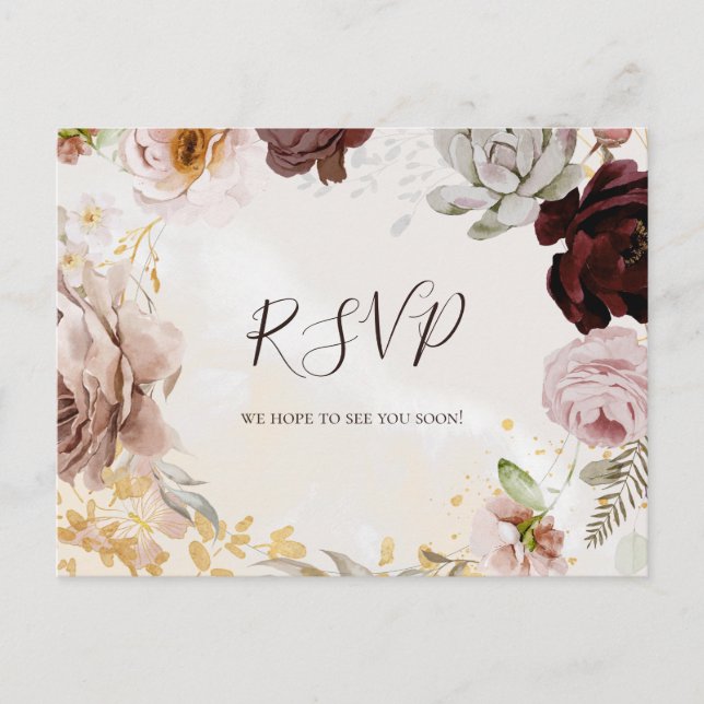 Modern Floral Marble Menu Choice RSVP Postcard (Front)