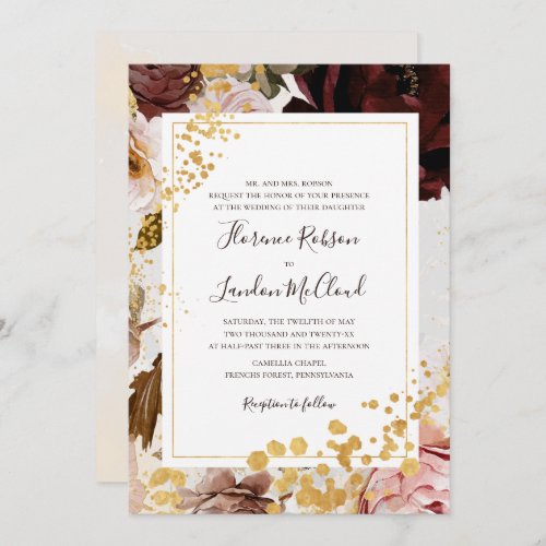 Modern Floral Marble Traditional Frame Wedding Invitation