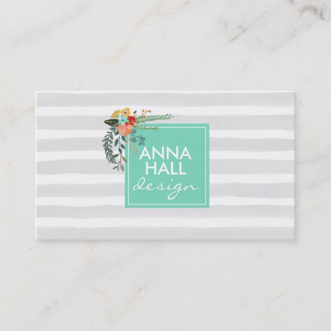 Modern Floral Mint and Gray Stripes Business Card (Front)