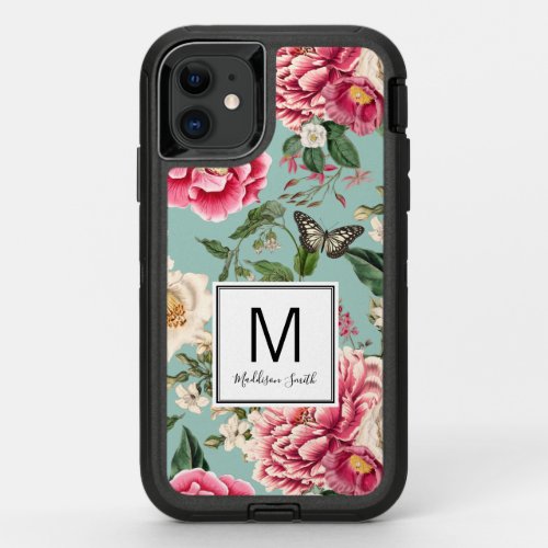 Modern Floral Mint Green Add Your Name OtterBox Defender iPhone 11 Case