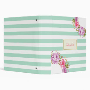 Modern Floral,Mint Green Stripes -Personalized 3 Ring Binder