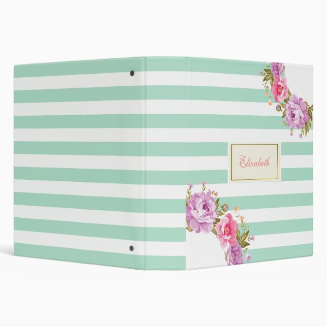 Modern Floral,Mint Green Stripes -Personalized 3 Ring Binder (Background)