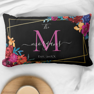 Modern Floral Monogram Black Wedding Lumbar Pillow