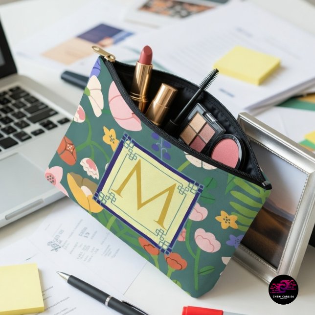 Modern Floral Monogram Design Accessory Pouch (Main character energy, but make it organized. 💄🌿)