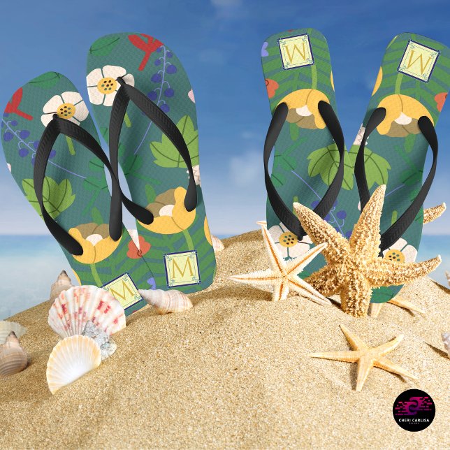 Modern Floral Monogram Design Flip Flops (Beach days just upgraded with bold floral vibes 🌺)