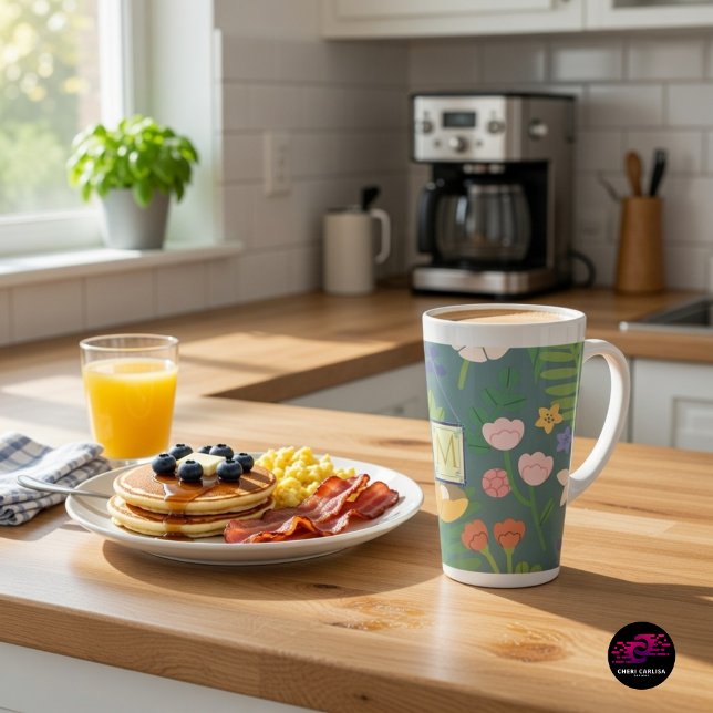 Modern Floral Monogram Design Latte Mug (Creator Uploaded)