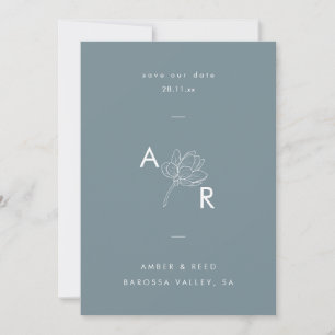 Modern Floral Monogram Elegant Simple Dusty Blue Save The Date