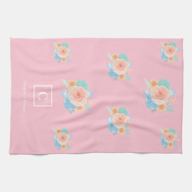 Modern Floral Monogram  Kitchen Towel (Horizontal)