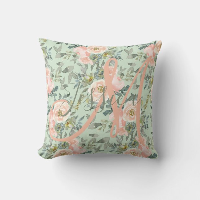 Modern Floral Monogram Throw Pillow (Front)