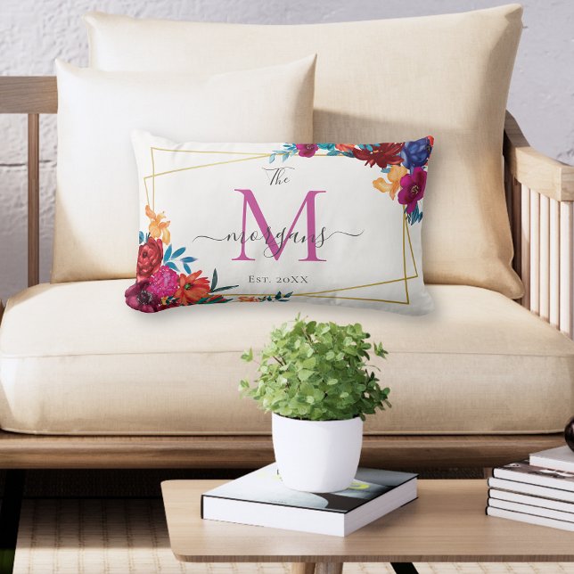 Modern Floral Monogram Wedding Lumbar Pillow (Creator Uploaded)